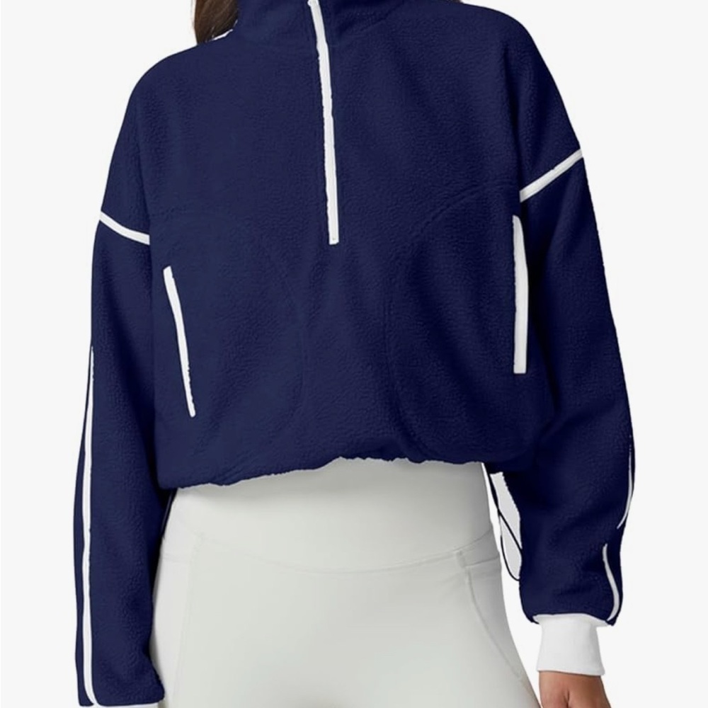 NWT Navy Fleece Contrast Cropped Sweatshirt With Drawstrings - Picture 3 of 12